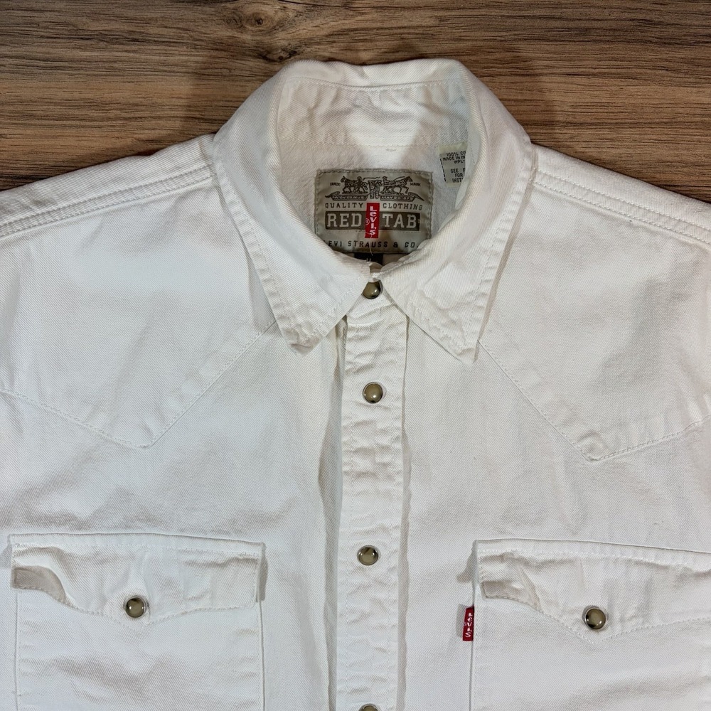 VTG Levi's Red Tab Mens MD White Denim Pearl Snap Western Long Sleeve Shirt 90s - Picture 9 of 14